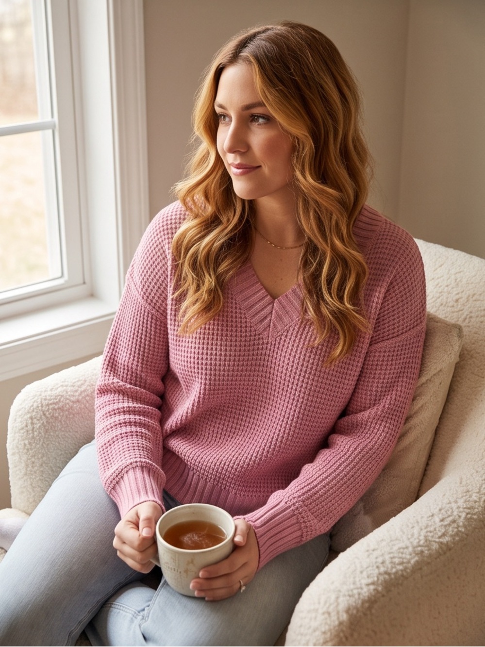 Jessica Simpson Rose Pink V-Neck Waffle Knit Sweater